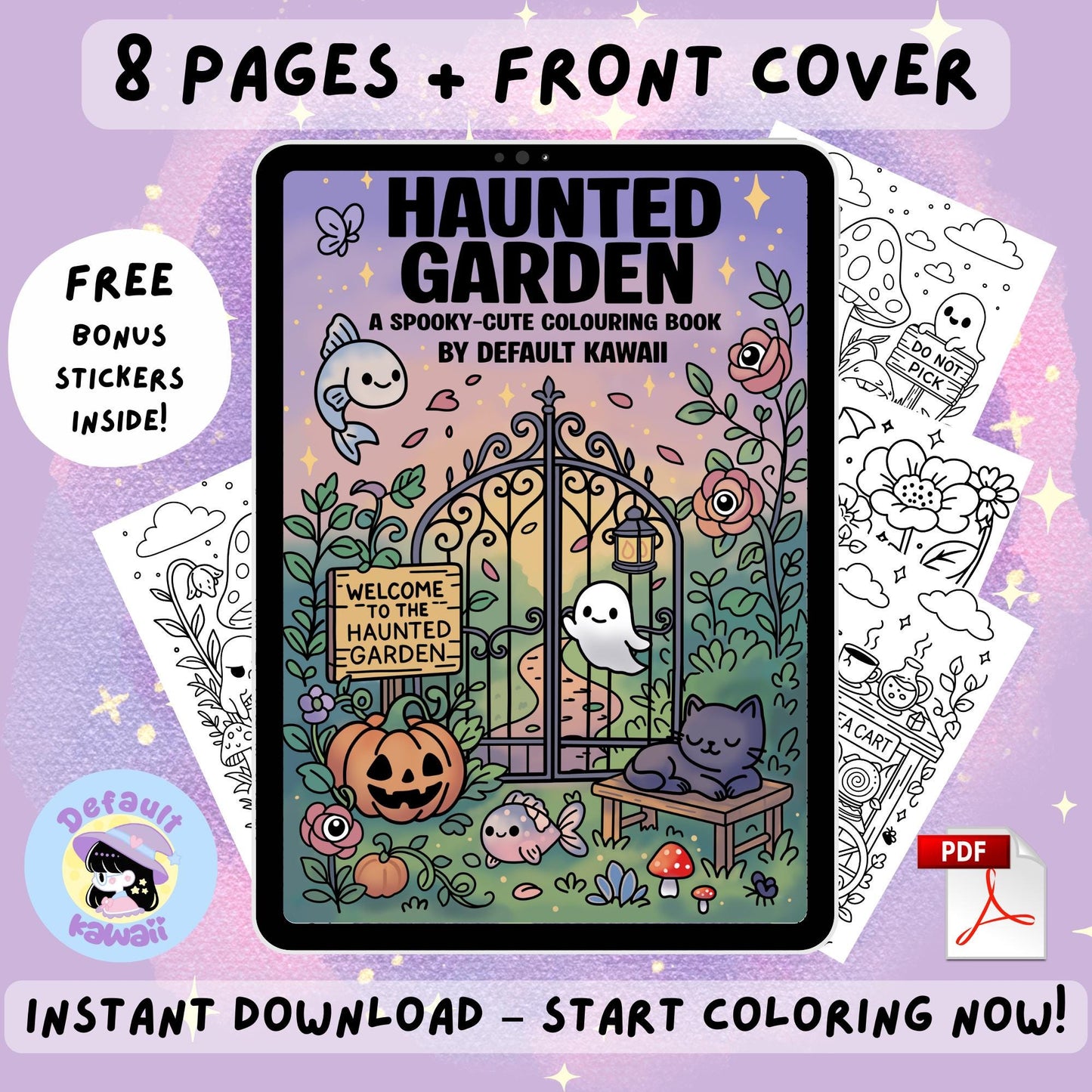 Tablet mockup displaying the cover of Haunted Garden spooky-cute coloring book by DefaultKawaii, featuring a black iron gate, sleeping black cat, ghost, jack-o'-lantern, cute fish, and eye flowers, with a hand holding a stylus and sample black and white coloring pages nearby