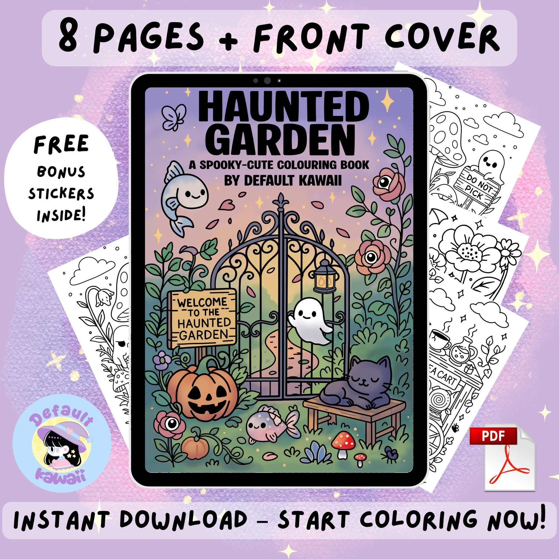 Tablet mockup displaying the cover of Haunted Garden spooky-cute coloring book by DefaultKawaii, featuring a black iron gate, sleeping black cat, ghost, jack-o'-lantern, cute fish, and eye flowers, with a hand holding a stylus and sample black and white coloring pages nearby