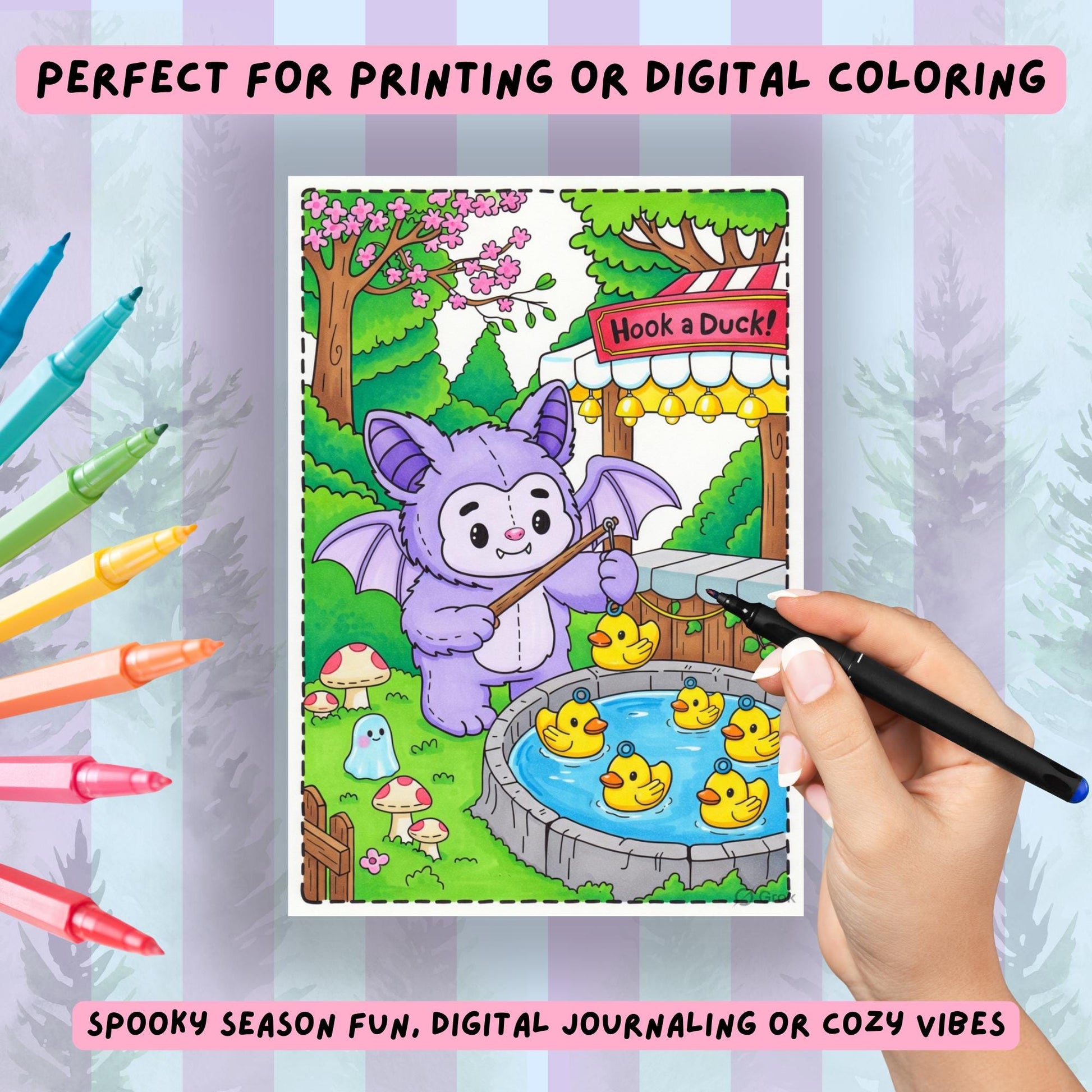 Colored example of a Cryptid Cuties Forest Fair coloring page showing a cute purple bat cryptid playing Hook a Duck at a carnival game booth, with yellow rubber ducks in a pond, surrounded by mushrooms, cherry blossom tree, and a small ghost, next to a hand holding a black marker and colorful pens"