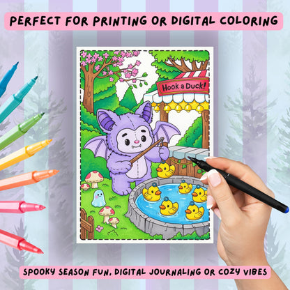 Colored example of a Cryptid Cuties Forest Fair coloring page showing a cute purple bat cryptid playing Hook a Duck at a carnival game booth, with yellow rubber ducks in a pond, surrounded by mushrooms, cherry blossom tree, and a small ghost, next to a hand holding a black marker and colorful pens"