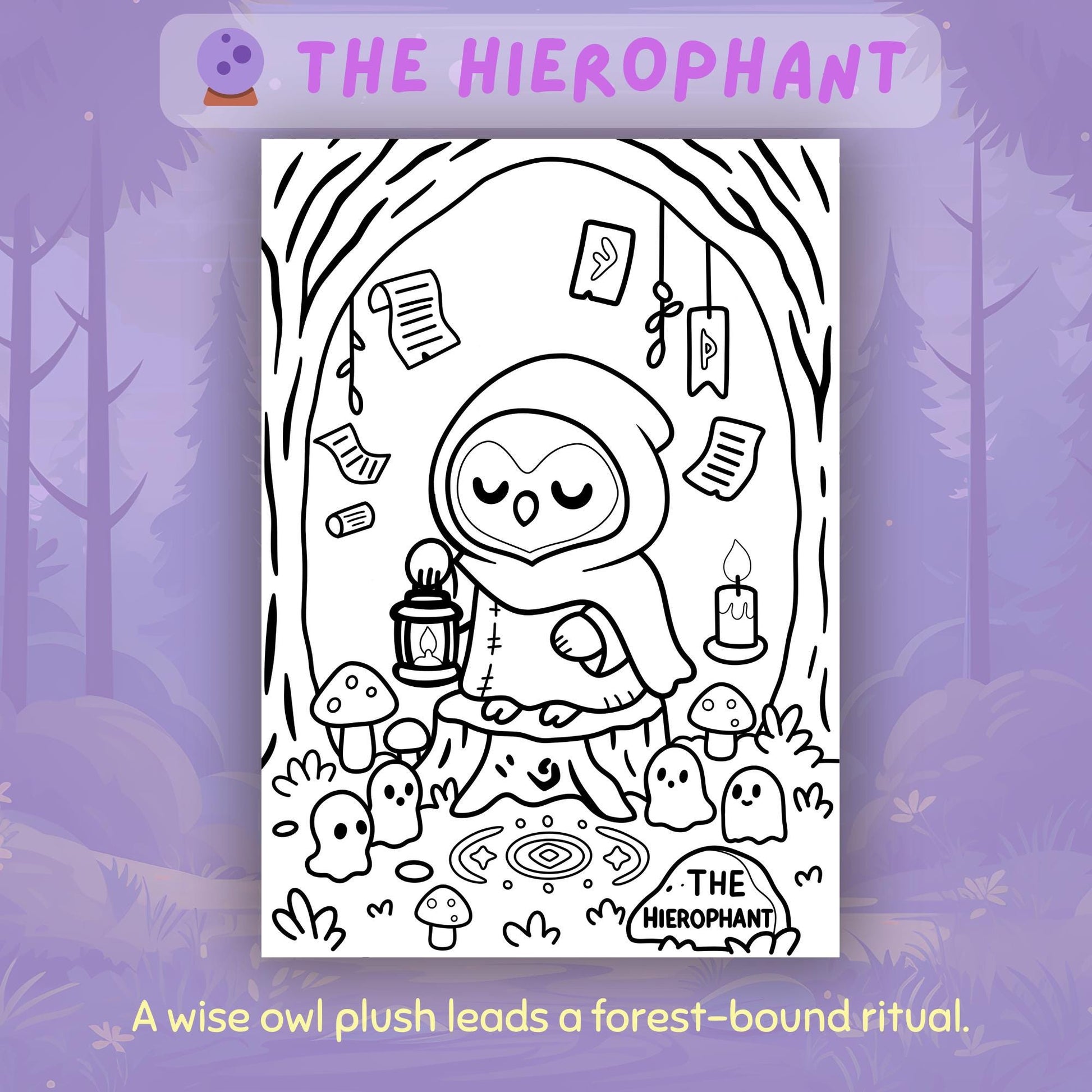 The Hierophant tarot card from Spooky Forest Tarot Volume 2: black and white coloring page showing a wise hooded owl plush standing on a tree stump, holding a lantern, surrounded by friendly ghosts, mushrooms, candles, and hanging papers with symbols in a magical forest setting.