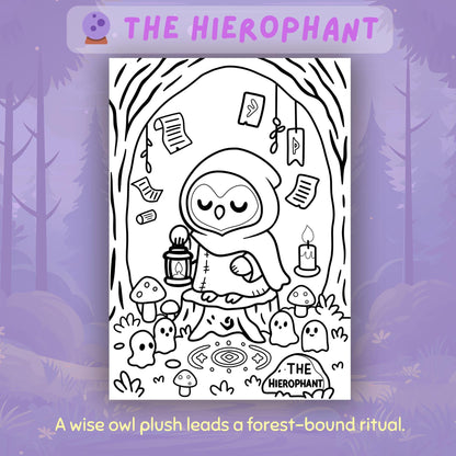 The Hierophant tarot card from Spooky Forest Tarot Volume 2: black and white coloring page showing a wise hooded owl plush standing on a tree stump, holding a lantern, surrounded by friendly ghosts, mushrooms, candles, and hanging papers with symbols in a magical forest setting.