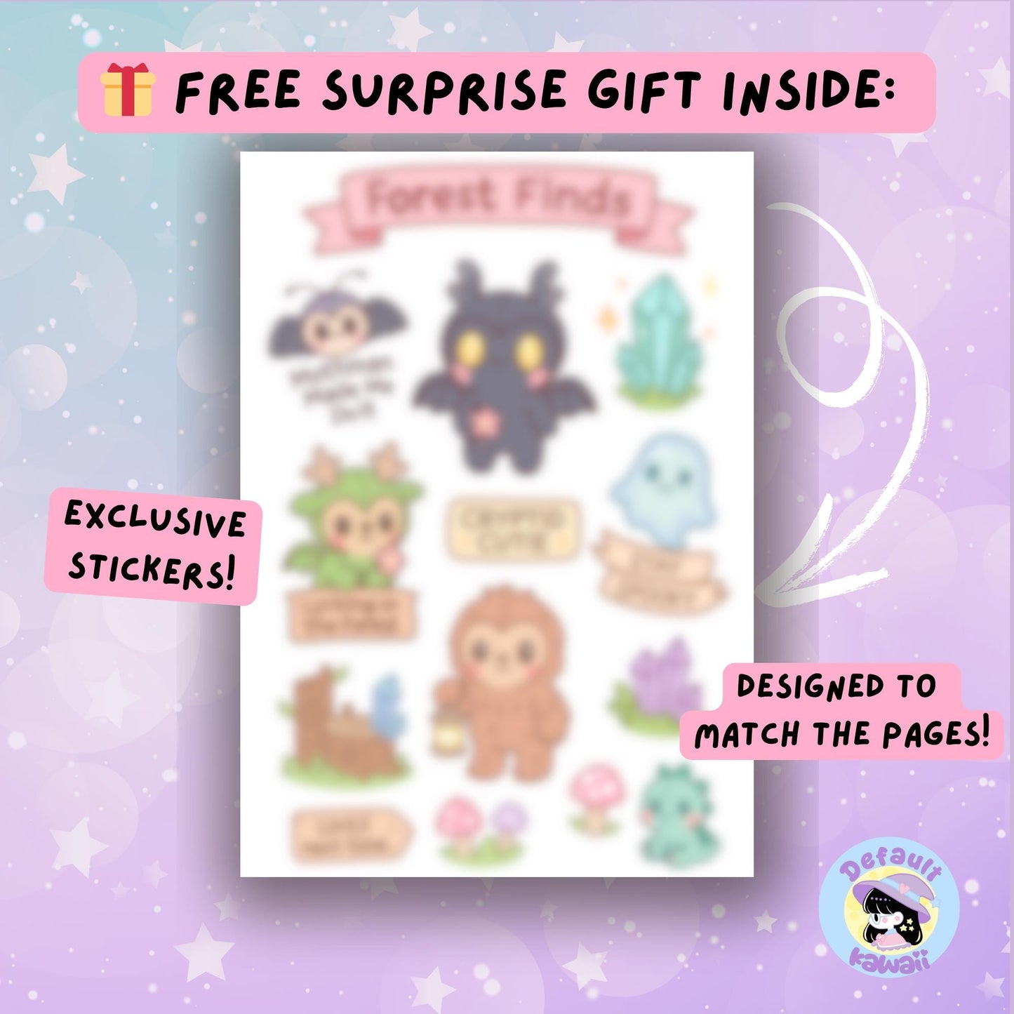 Free bonus surprise sticker sheet included with the Kawaii Cryptid Forest coloring book, featuring cute stitched forest cryptids, crystals, mushrooms and matching designs