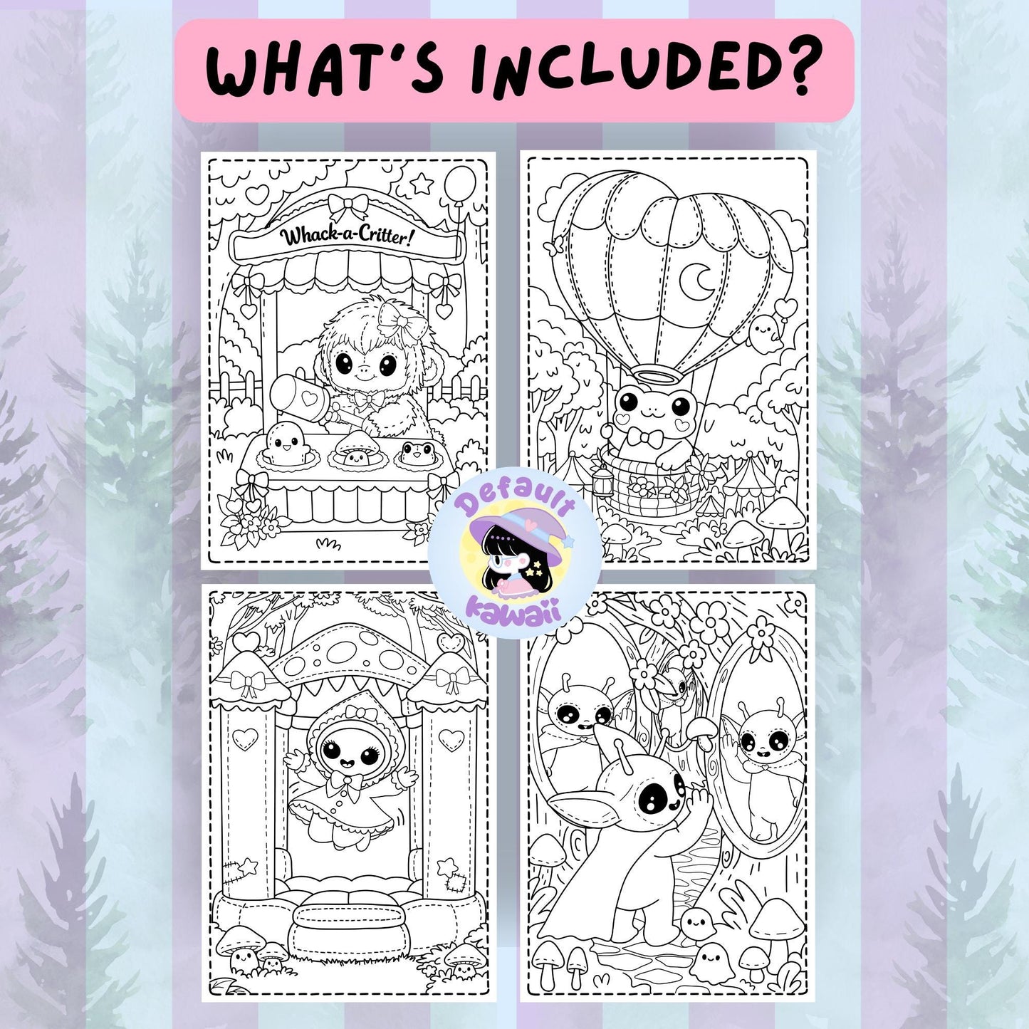 Four sample coloring pages from Cryptid Cuties Forest Fair: fluffy dog at Whack-a-Critter game, frog in a hot air balloon, hooded cryptid on a mushroom stage, and alien cryptids looking in a mirror