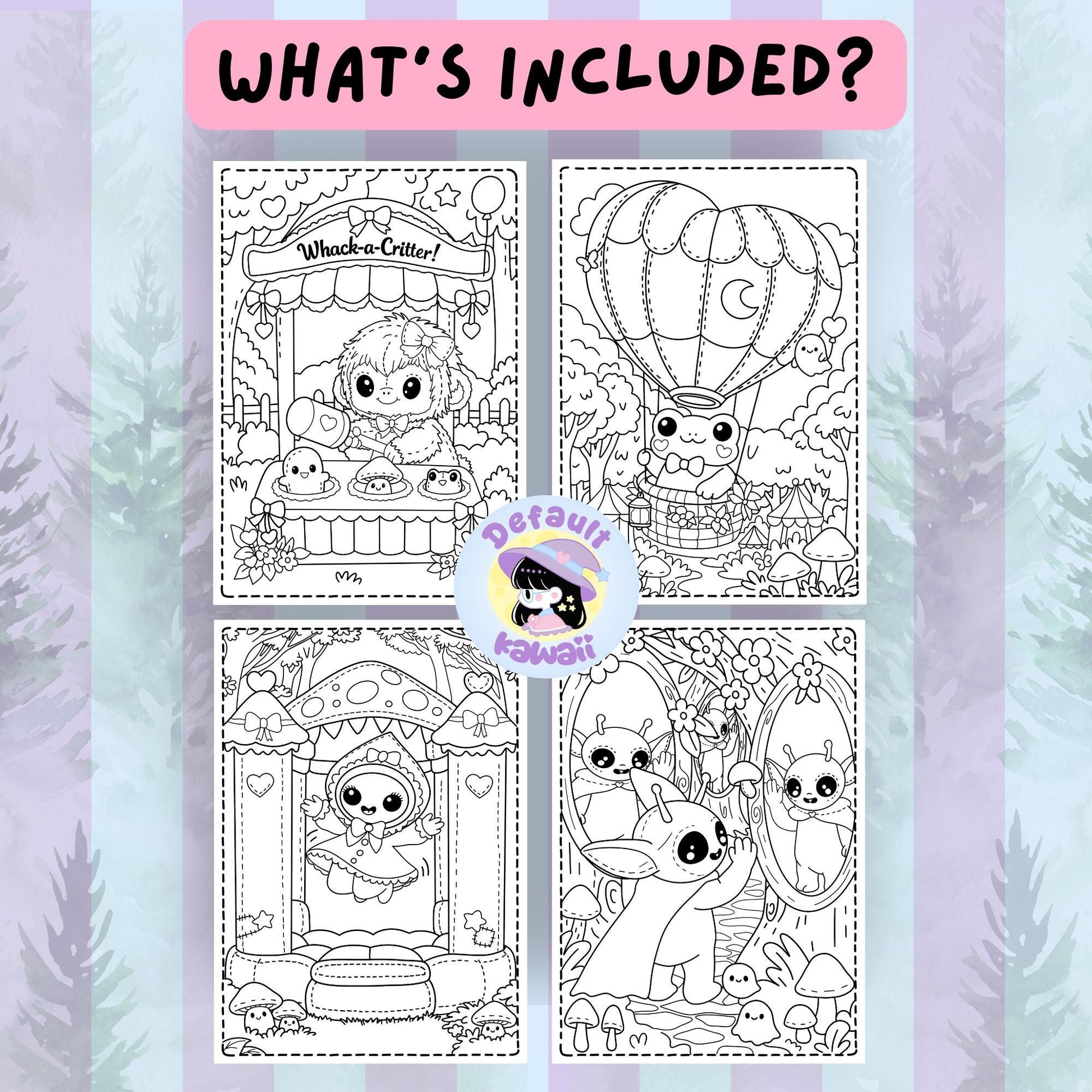 Four sample coloring pages from Cryptid Cuties Forest Fair: fluffy dog at Whack-a-Critter game, frog in a hot air balloon, hooded cryptid on a mushroom stage, and alien cryptids looking in a mirror
