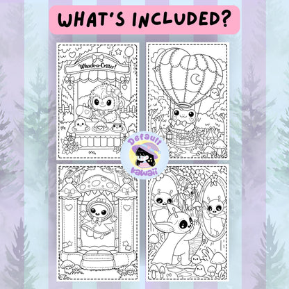 Four sample coloring pages from Cryptid Cuties Forest Fair: fluffy dog at Whack-a-Critter game, frog in a hot air balloon, hooded cryptid on a mushroom stage, and alien cryptids looking in a mirror