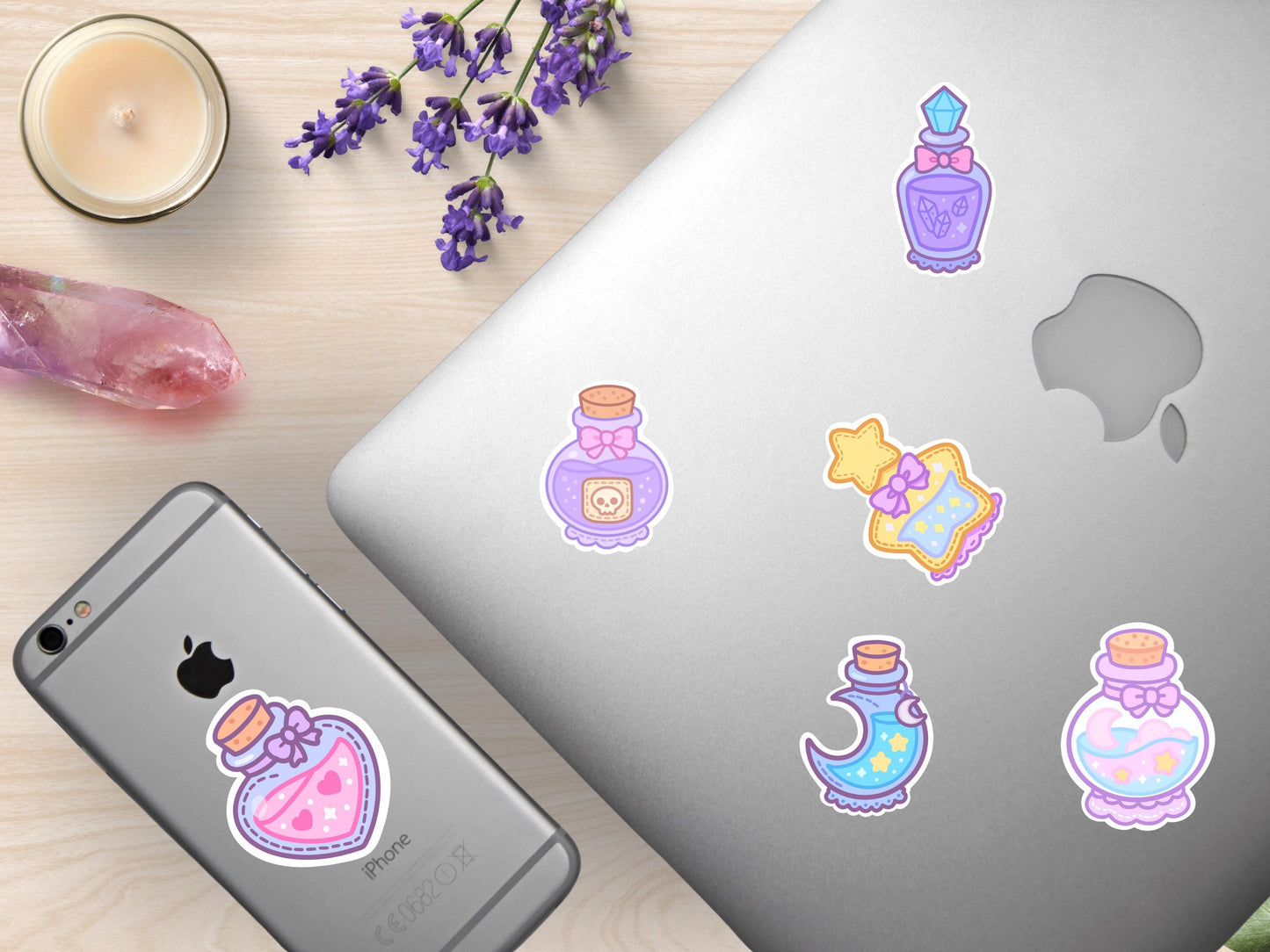 Kawaii Potion Bottle Stickers Witchy Pastel Waterproof Vinyl Die-Cut 6-Pack