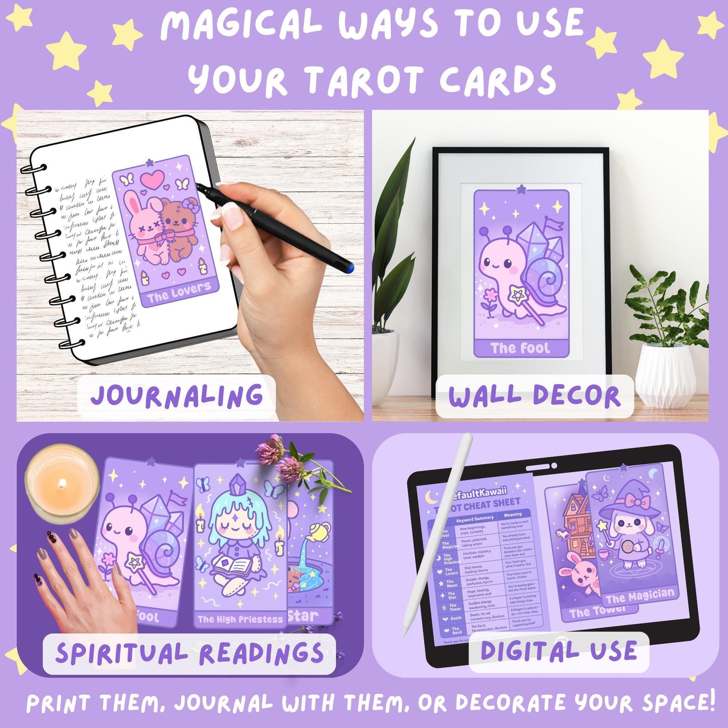 Kawaii Tarot Deck: Hand-Drawn Pastel Witchcore Cards (PDF Guide Included)