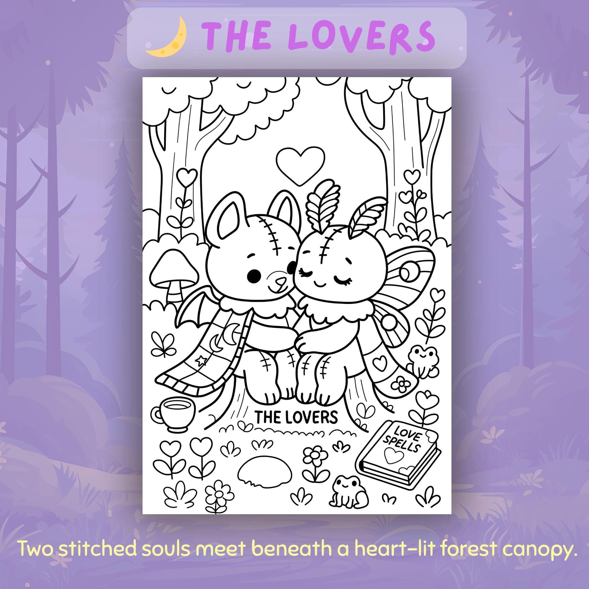 The Lovers tarot card from Spooky Forest Tarot Volume 2: black and white coloring page showing two cute stitched creatures (a bat-winged bear-like figure and a butterfly-winged bunny-like figure) hugging affectionately under a heart-filled forest canopy, surrounded by mushrooms, flowers, a teacup, a frog, and a 'Love Spells' book.