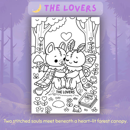 The Lovers tarot card from Spooky Forest Tarot Volume 2: black and white coloring page showing two cute stitched creatures (a bat-winged bear-like figure and a butterfly-winged bunny-like figure) hugging affectionately under a heart-filled forest canopy, surrounded by mushrooms, flowers, a teacup, a frog, and a 'Love Spells' book.