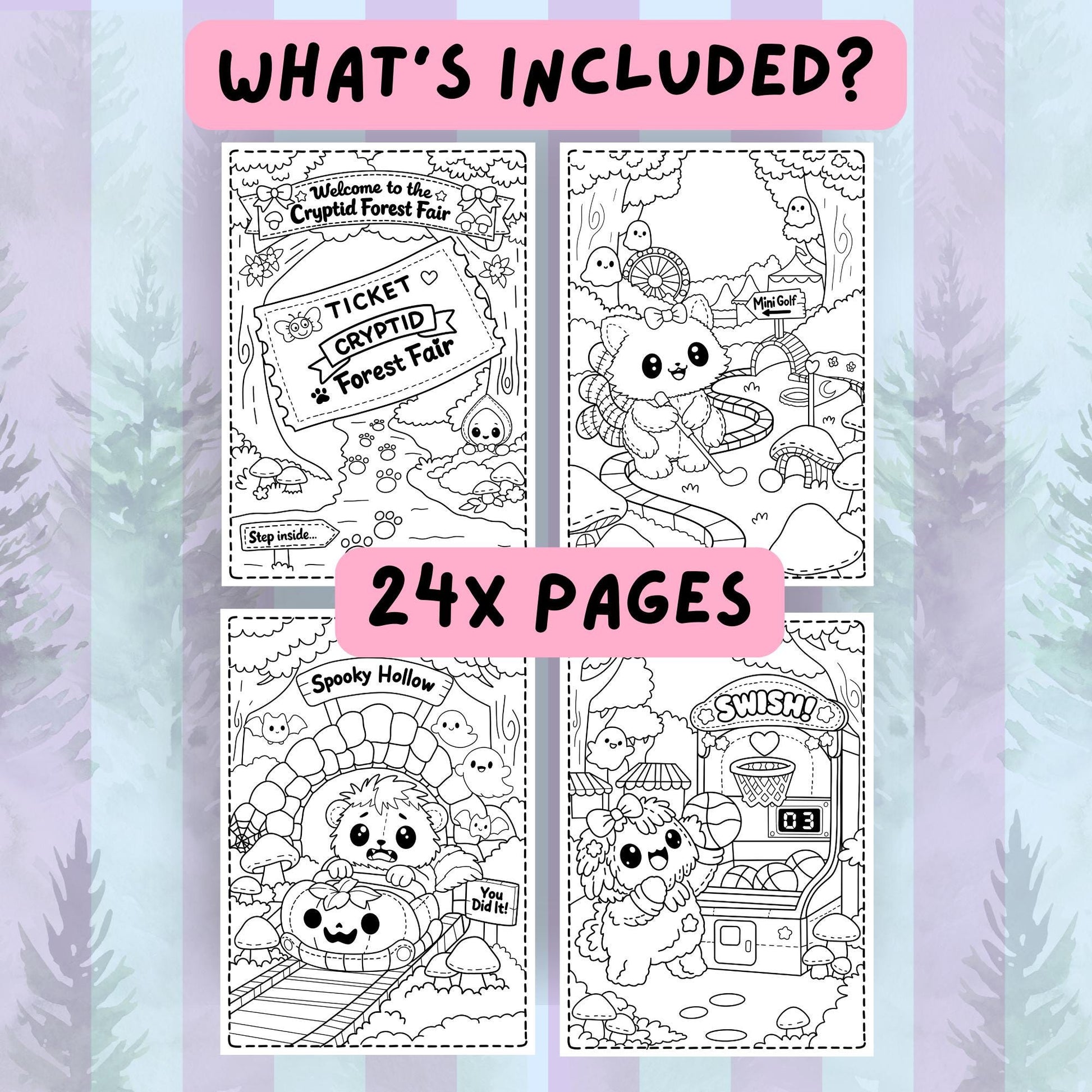 Four sample black and white coloring pages from the Cryptid Cuties Forest Fair coloring book showing a fair ticket, cat cryptid playing mini golf, bear on a pumpkin rollercoaster, and fluffy dog at a basketball game booth