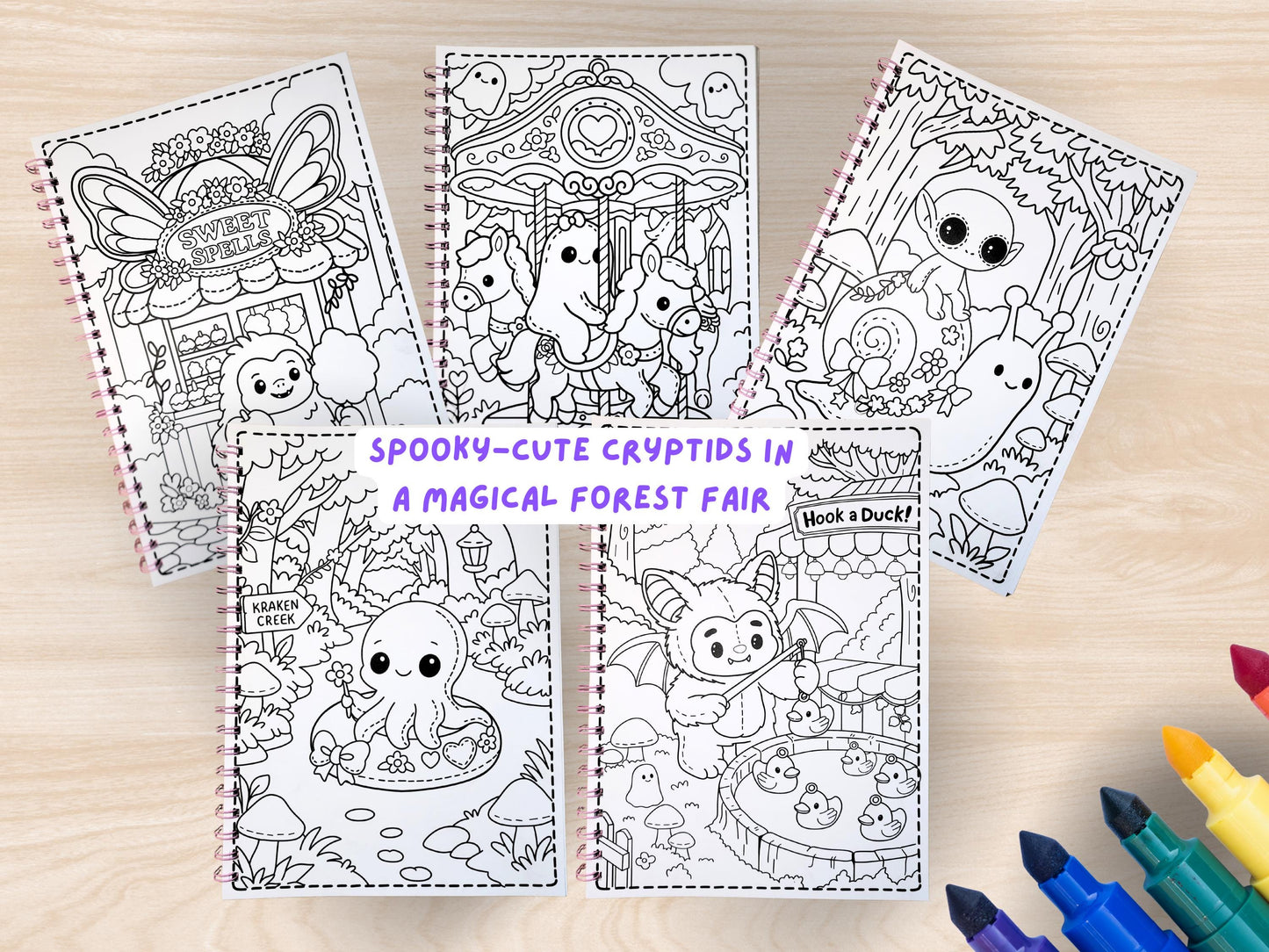 Cryptid Cuties Forest Fair A4 Coloring Book: Pastel Spooky Adventure Pages