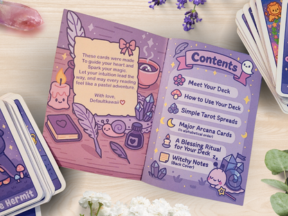Handmade Kawaii Tarot Deck – 22 Major Arcana Cards + Illustrated Guidebook & Velvet Pouch