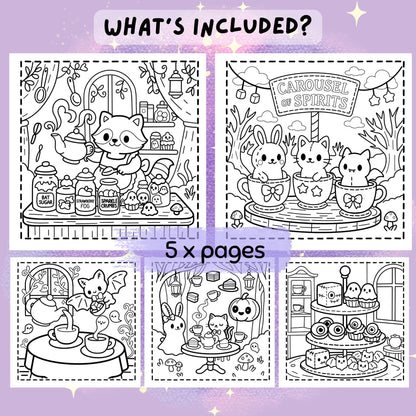 Ghostly Tea Party Coloring Book Kawaii Halloween Printable PDF