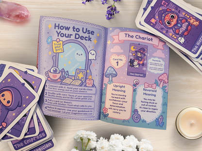 Handmade Kawaii Tarot Deck – 22 Major Arcana Cards + Illustrated Guidebook & Velvet Pouch