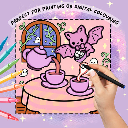 Ghostly Tea Party Coloring Book Kawaii Halloween Printable PDF