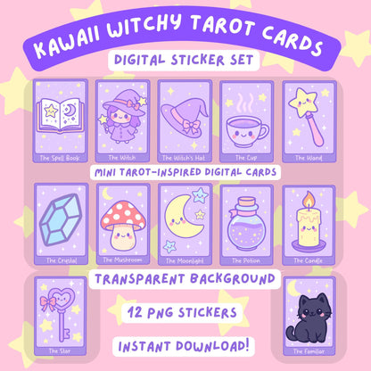 Kawaii Tarot Stickers Digital PNG Set - Pastel Goth Witchy