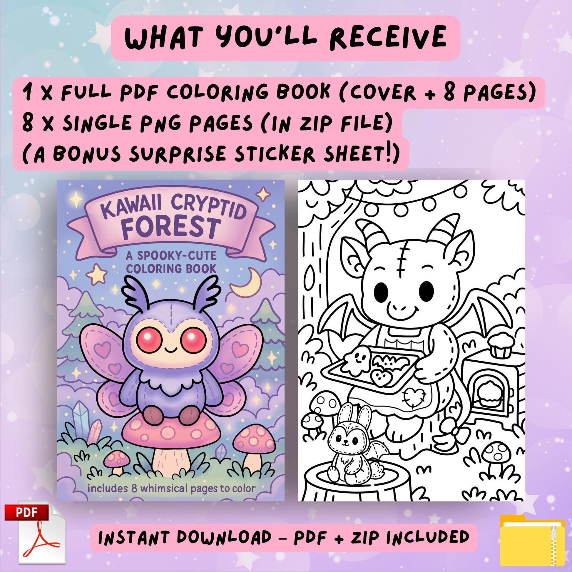 Four additional sample pages from the Kawaii Cryptid Forest coloring book showing stitched cryptids: sheep-like creature with frog and ghost, frog fishing, baby dragon in water, and bat-winged deer holding a crystal