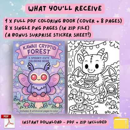 Four additional sample pages from the Kawaii Cryptid Forest coloring book showing stitched cryptids: sheep-like creature with frog and ghost, frog fishing, baby dragon in water, and bat-winged deer holding a crystal