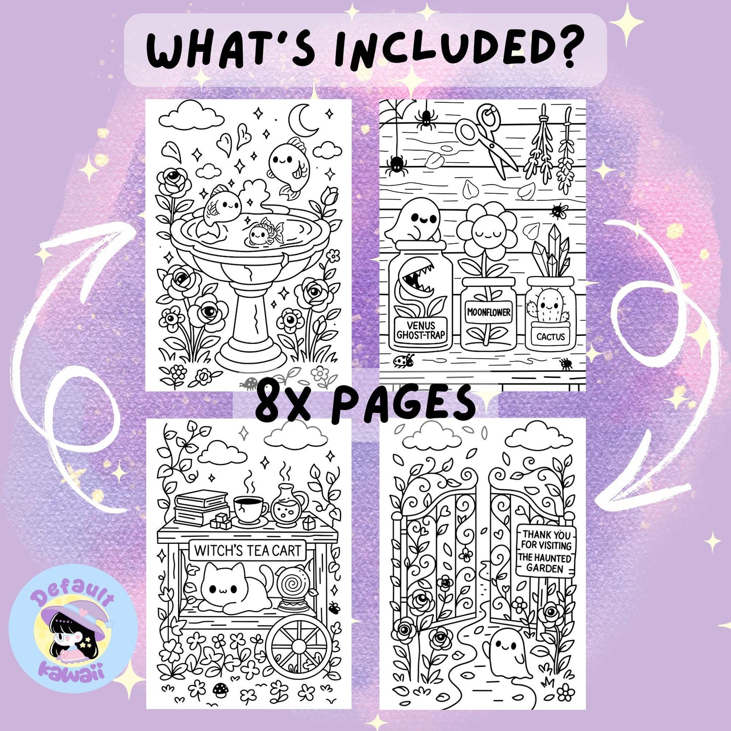 Four black and white sample coloring pages from the Haunted Garden spooky-cute coloring book showing fish in a birdbath fountain, potted plants including Venus Ghost-Trap, Moonflower and Cactus with a ghost and spiders, a witch's tea cart with a sleeping cat, and an ornate garden gate with a 'Thank You for Visiting the Haunted Garden' sign and ghost