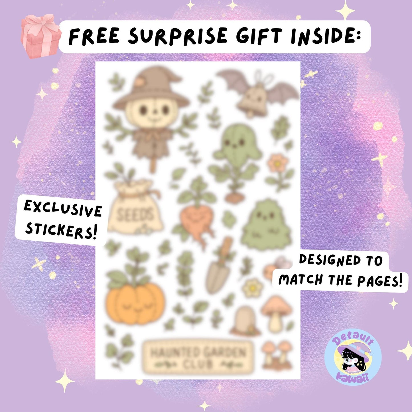 Free surprise gift inside the Haunted Garden coloring book: exclusive sticker sheet featuring cute kawaii spooky-cute designs including a scarecrow, bat, ghost plants, carrot, pumpkin, mushrooms, gardening tools, and 'Haunted Garden Club' label, designed to match the coloring pages