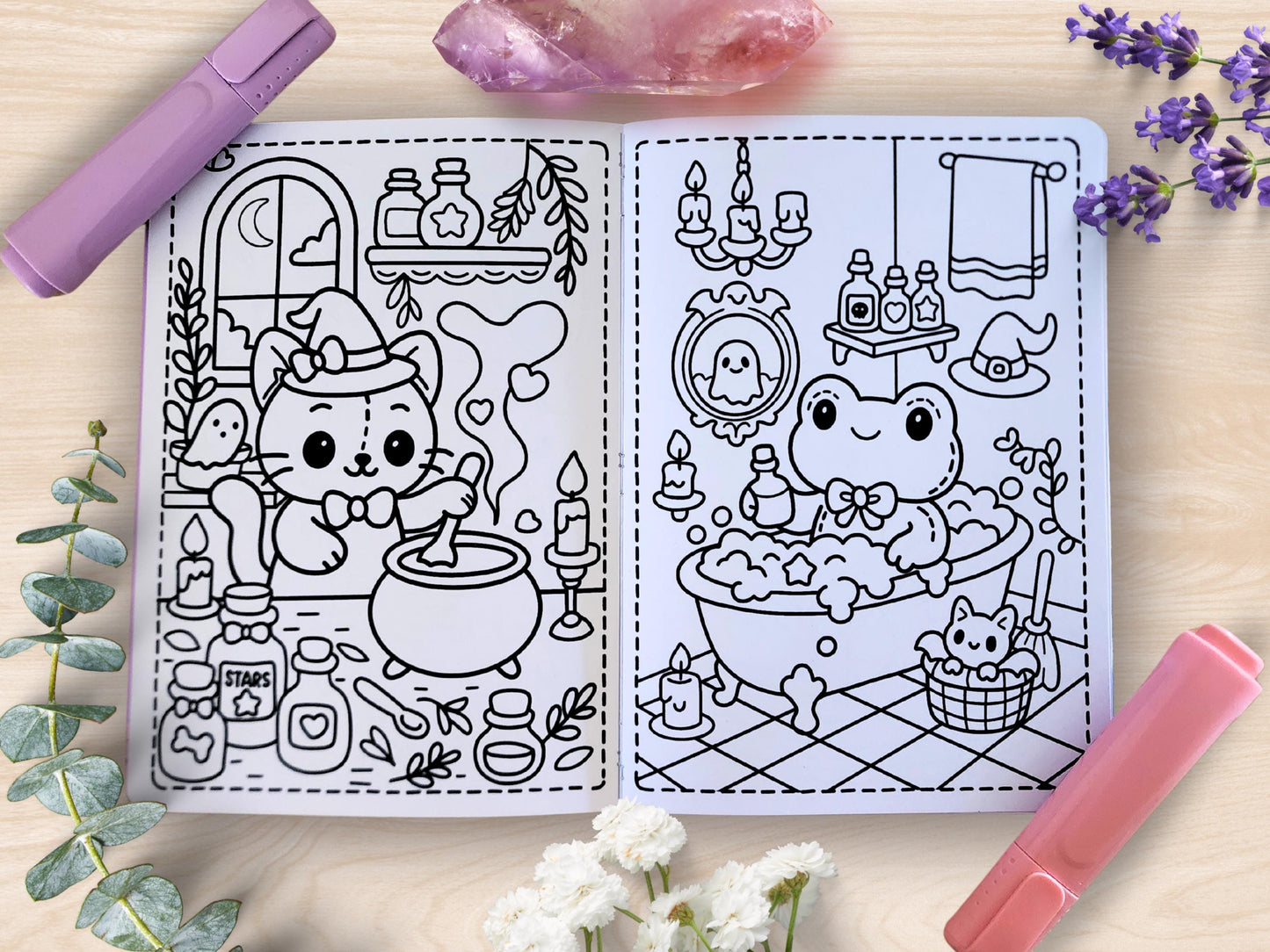Witch's Familiars Mini Coloring Book A5 Handmade Pastel Spooky Kawaii