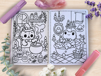 Witch's Familiars Mini Coloring Book A5 Handmade Pastel Spooky Kawaii