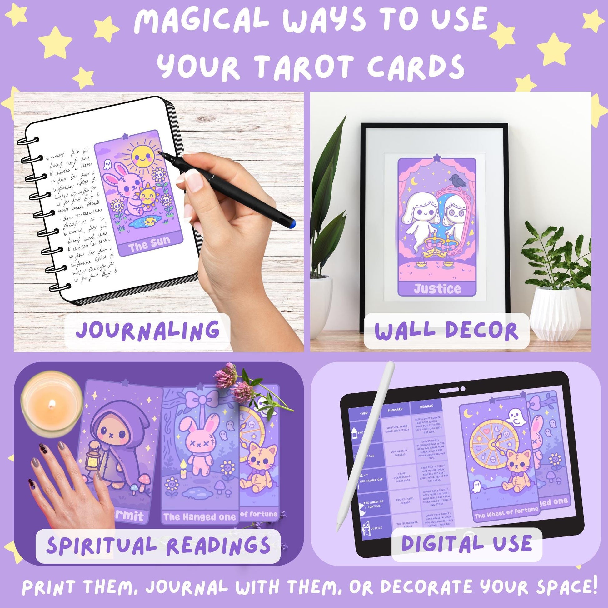 Magical ways to use your DefaultKawaii Tarot cards: four lifestyle examples showing journaling with The Sun card in a notebook, Justice card framed as wall decor with plants, spiritual readings with The Hermit, The Hanged One, and The Wheel of Fortune cards laid out with flowers and a candle, and digital use on a tablet displaying the cheat sheet and cards