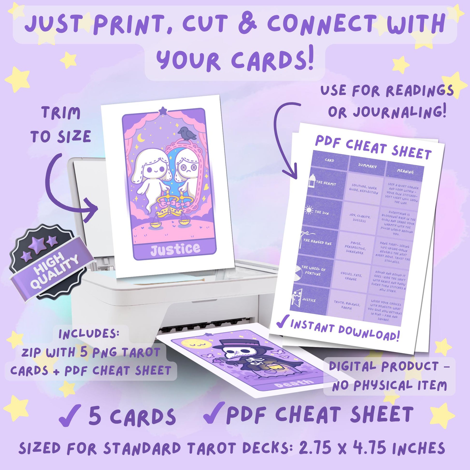 Standard tarot card size guide showing the Justice card from the DefaultKawaii tarot deck next to a pink ruler. The card measures 2.75 x 4.75 inches and features two stitched white ghosts with scales, a mirror reflection, a black raven, and pink curtains on a purple starry background