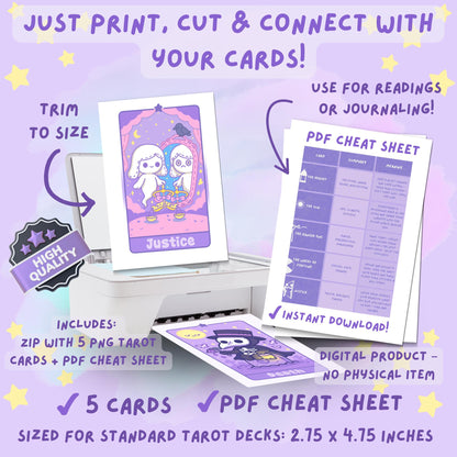 Standard tarot card size guide showing the Justice card from the DefaultKawaii tarot deck next to a pink ruler. The card measures 2.75 x 4.75 inches and features two stitched white ghosts with scales, a mirror reflection, a black raven, and pink curtains on a purple starry background
