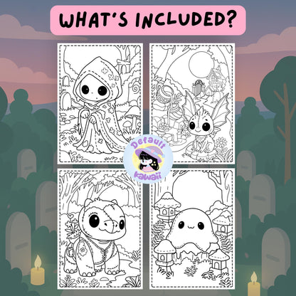Four black and white sample coloring pages from The Fairy Garden Between Worlds spooky-cute coloring book showing a hooded ghost-like figure in a graveyard, a winged dragon-like creature by a pond with a house in the background, a stitched turtle creature with a flower bag, and a cute ghost beside mushroom houses in a spooky forest setting