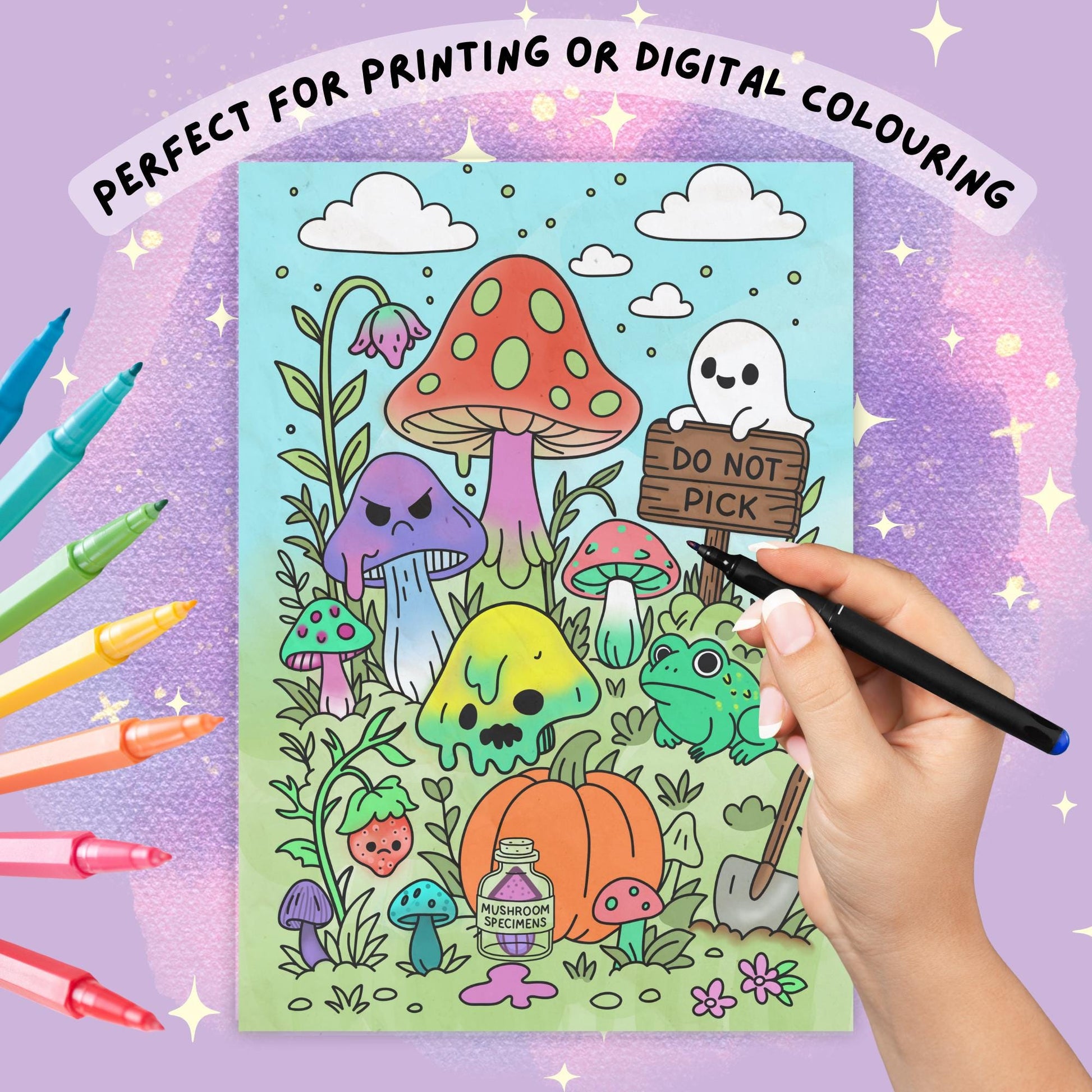 Colored example of a page from the Haunted Garden spooky-cute coloring book showing a whimsical mushroom patch with a large red-and-green mushroom, grumpy purple mushroom, melting skull mushroom, green frog, friendly ghost holding a 'Do Not Pick' sign, pumpkin, and mushroom specimen bottle, demonstrated with a hand holding a black marker and colorful pens nearby