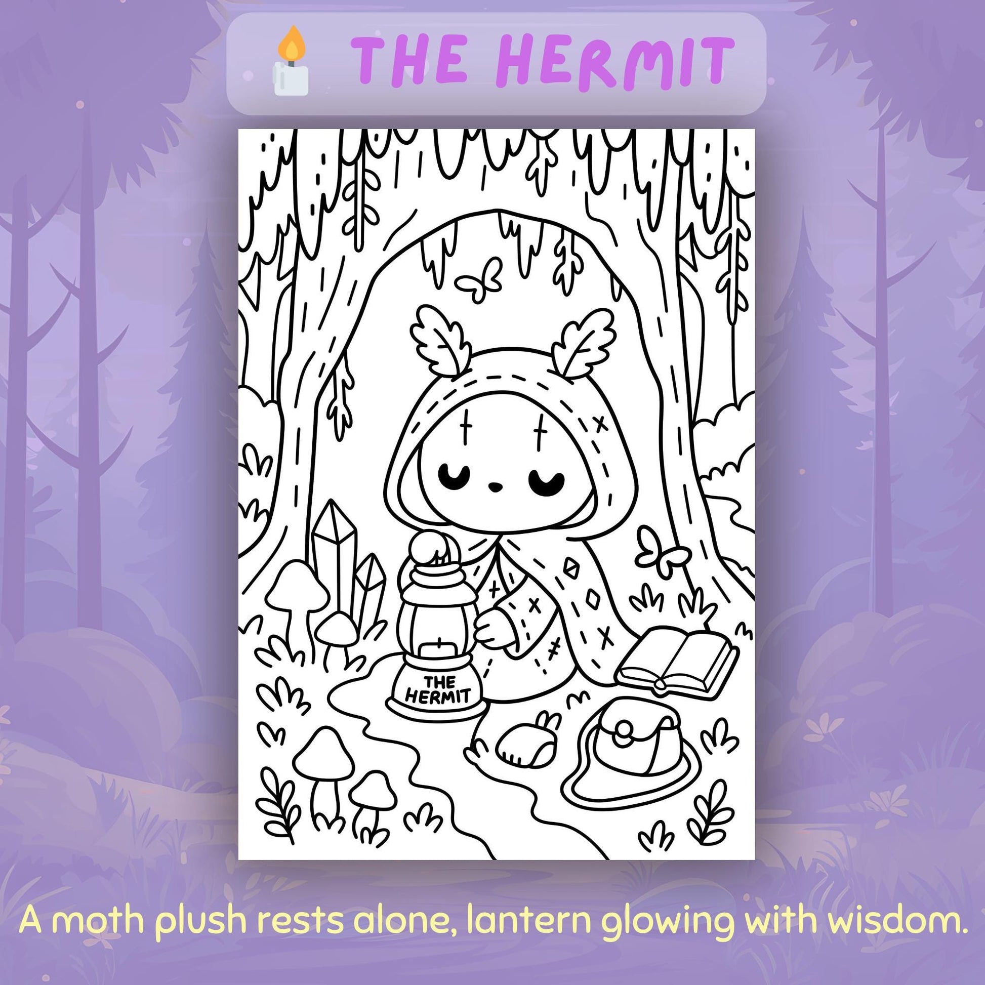 The Hermit tarot card from Spooky Forest Tarot Volume 2: black and white coloring page showing a cute moth plush wearing a hooded cloak with leaf antlers, sitting peacefully while holding a glowing lantern labeled 'The Hermit', surrounded by crystals, an open book, a hat, mushrooms, and butterflies in a mystical forest setting.