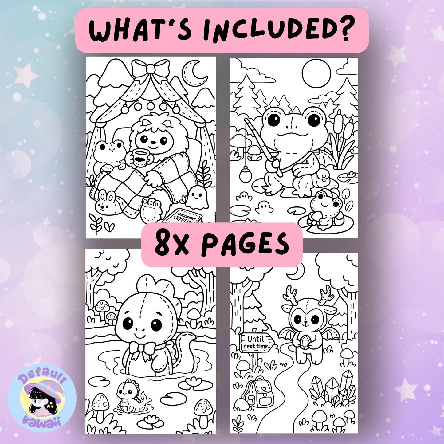 What you'll receive with the Kawaii Cryptid Forest coloring book: full PDF cover featuring a purple moth cryptid and a sample black and white coloring page of a cute stitched dragon baking cookies with a bunny cryptid