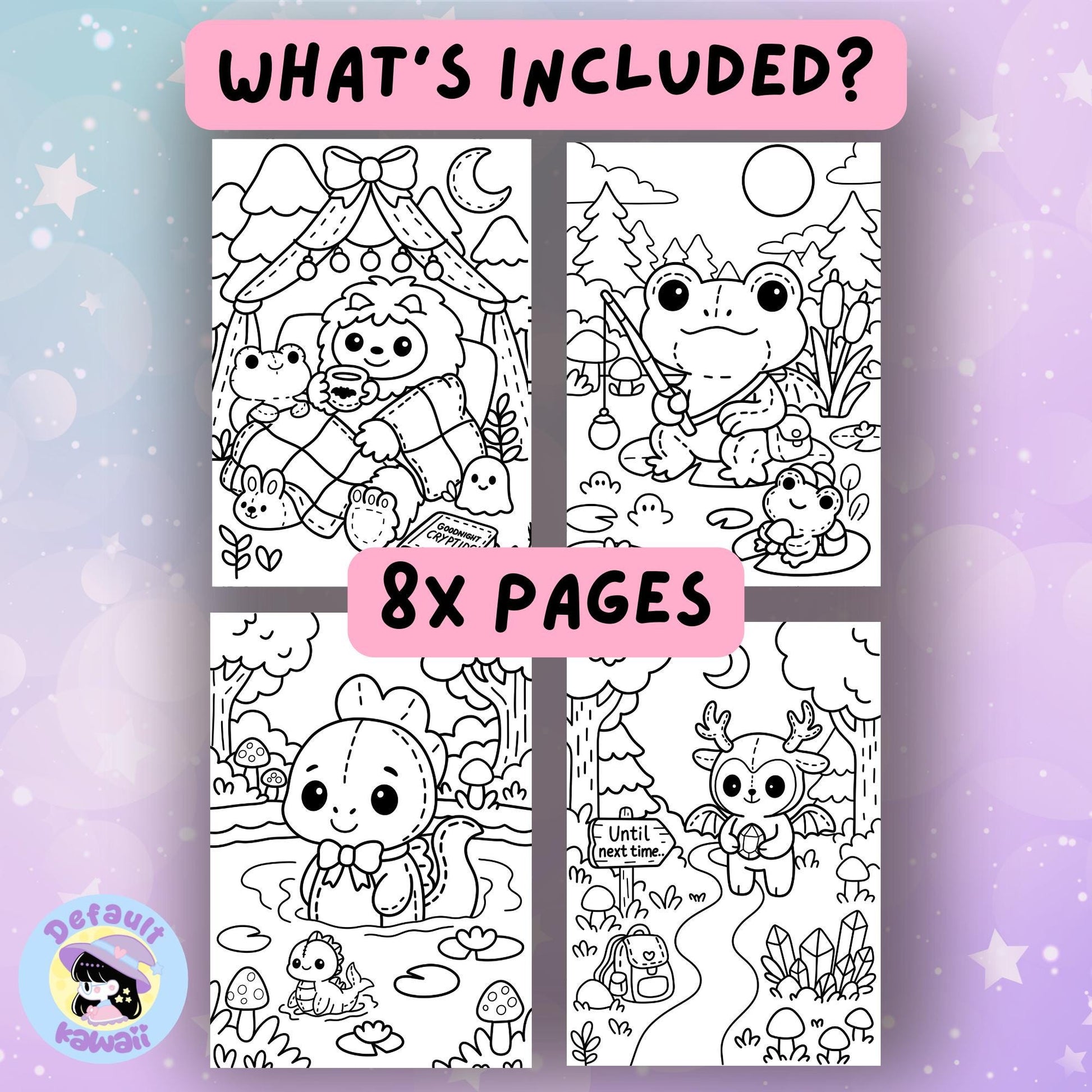 What you'll receive with the Kawaii Cryptid Forest coloring book: full PDF cover featuring a purple moth cryptid and a sample black and white coloring page of a cute stitched dragon baking cookies with a bunny cryptid