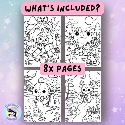 What you'll receive with the Kawaii Cryptid Forest coloring book: full PDF cover featuring a purple moth cryptid and a sample black and white coloring page of a cute stitched dragon baking cookies with a bunny cryptid