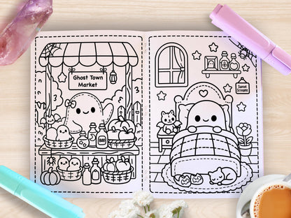 Handmade Kawaii Ghost Town Mini Coloring Book: Pastel Spooky Adventure