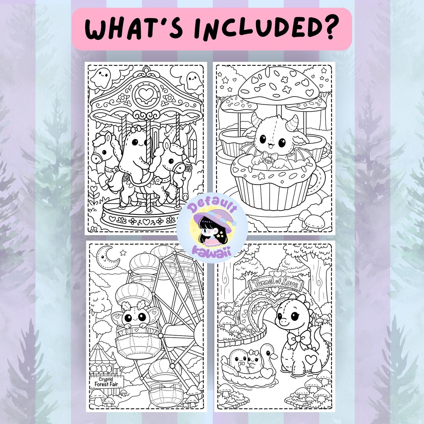 Sample pages from Cryptid Cuties Forest Fair kawaii coloring book: carousel, dragon in cupcake, Ferris wheel, and Tunnel of Love scenes with cute stitched cryptids