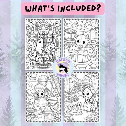 Sample pages from Cryptid Cuties Forest Fair kawaii coloring book: carousel, dragon in cupcake, Ferris wheel, and Tunnel of Love scenes with cute stitched cryptids