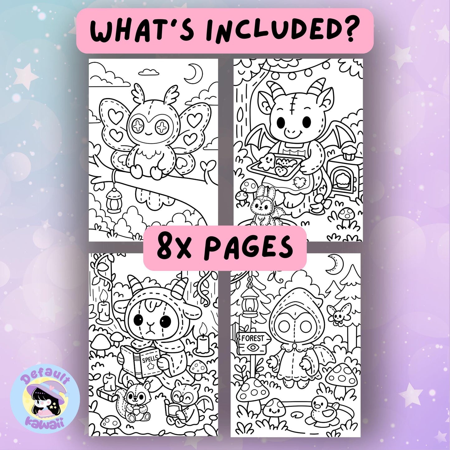 Digital tablet displaying the cover of Kawaii Cryptid Forest spooky-cute coloring book with a purple stitched moth-like cryptid on mushrooms, surrounded by coloring pages and a hand holding a stylus