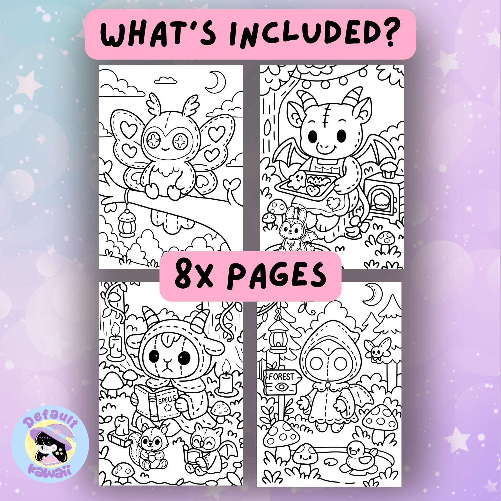Digital tablet displaying the cover of Kawaii Cryptid Forest spooky-cute coloring book with a purple stitched moth-like cryptid on mushrooms, surrounded by coloring pages and a hand holding a stylus