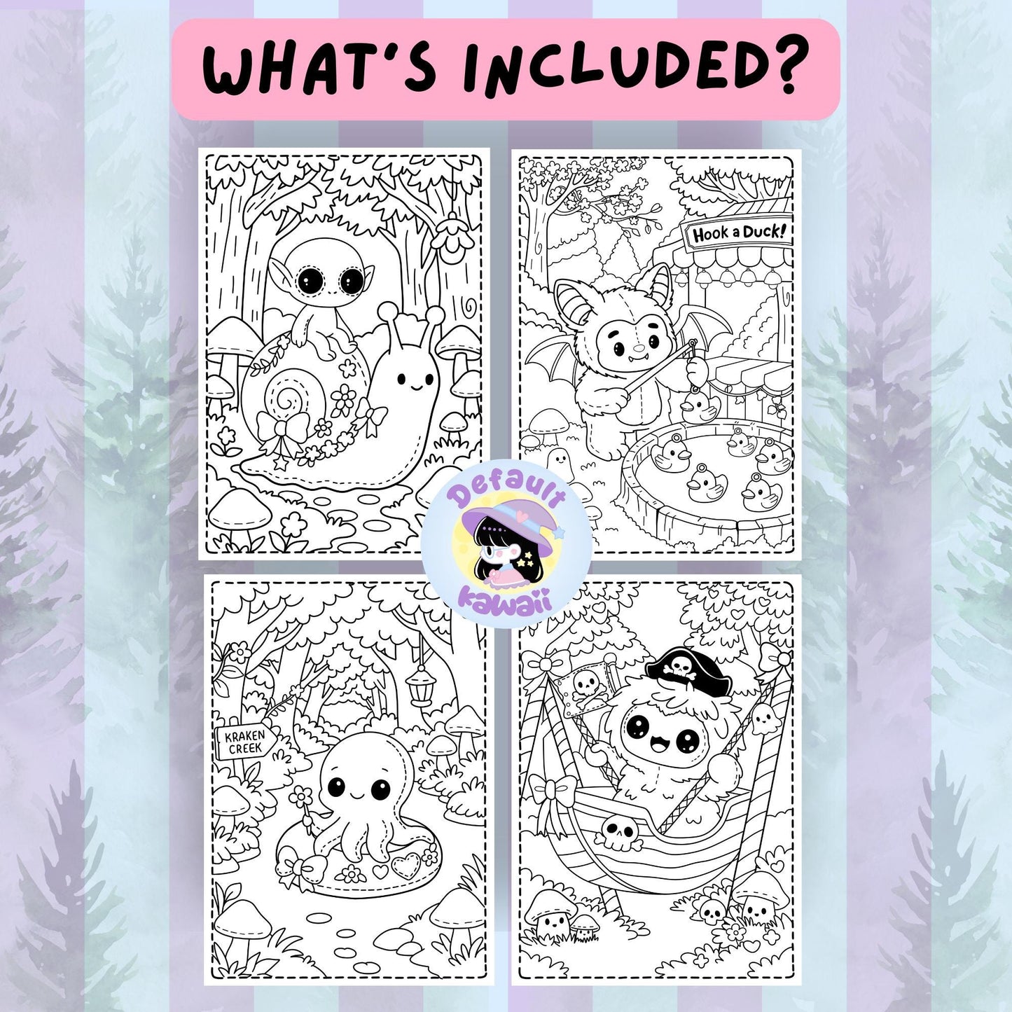 Four black and white sample pages from the Cryptid Cuties Forest Fair coloring book: elf on a snail, bat cryptid playing hook a duck, octopus in a floatie at Kraken Creek, and fluffy sheep cryptid in a pirate hammock
