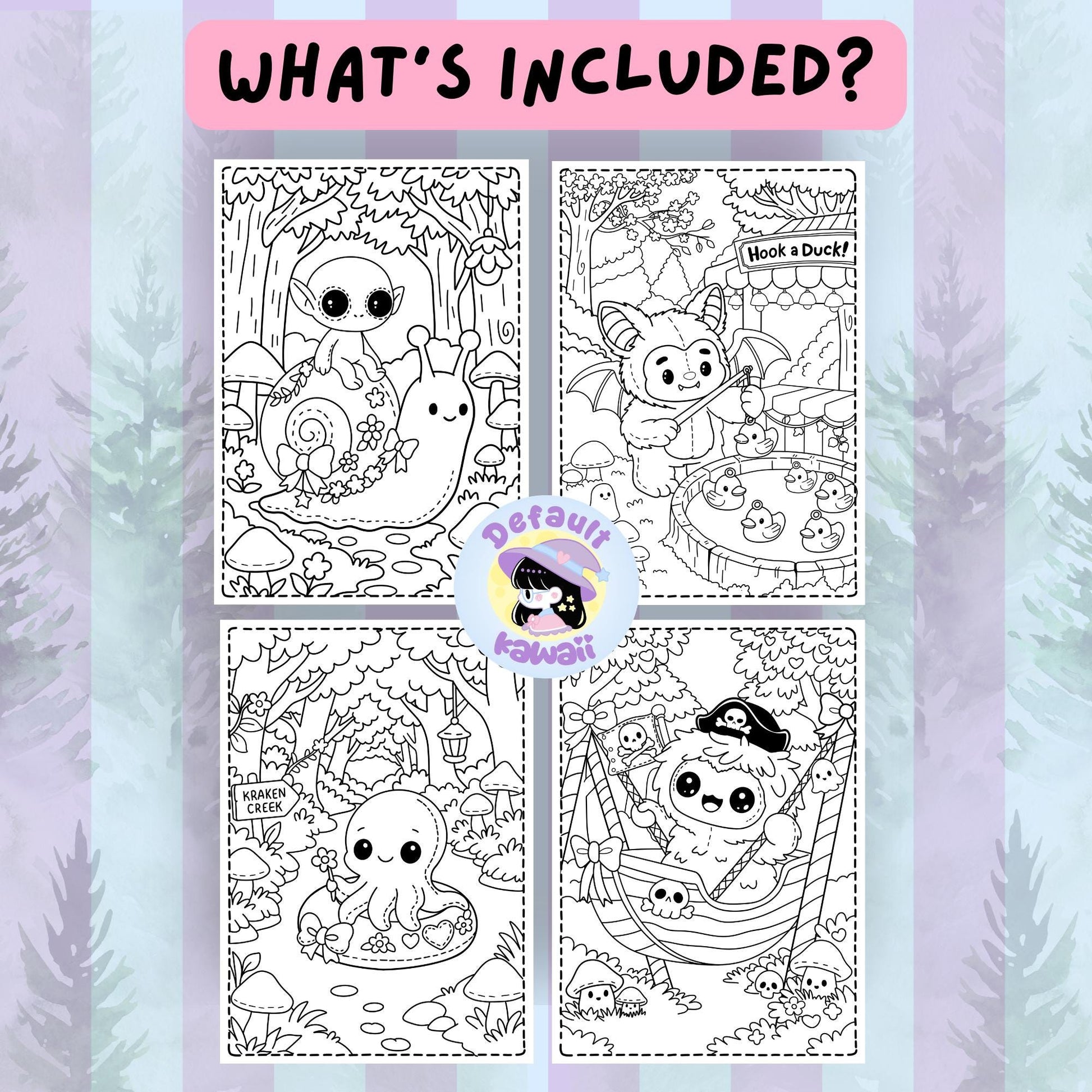 Four black and white sample pages from the Cryptid Cuties Forest Fair coloring book: elf on a snail, bat cryptid playing hook a duck, octopus in a floatie at Kraken Creek, and fluffy sheep cryptid in a pirate hammock