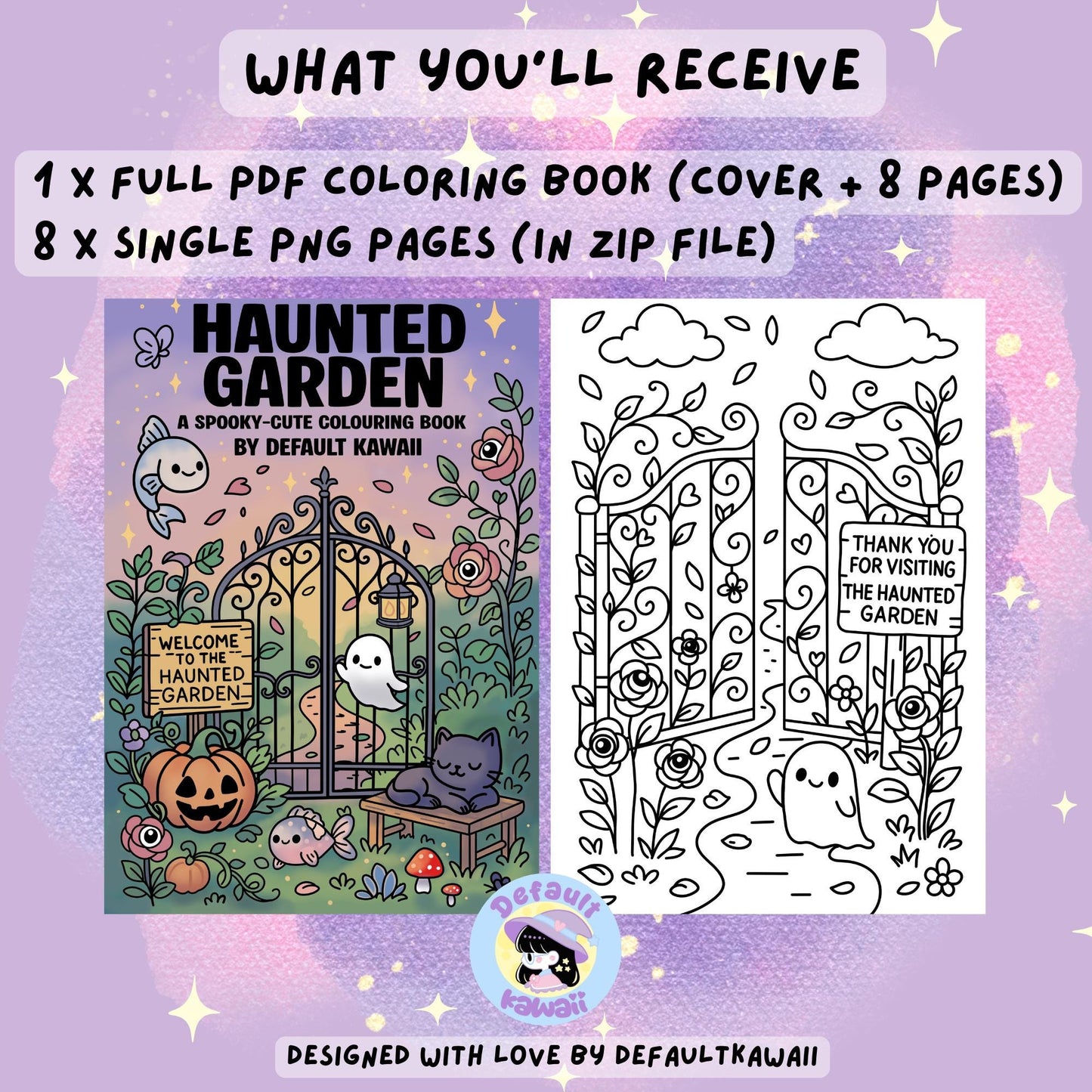 What you'll receive with the Haunted Garden spooky-cute coloring book: full colored cover featuring an ornate garden gate, sleeping black cat, friendly ghost, jack-o'-lantern, cute fish and eye flowers, plus a sample black and white coloring page of the garden exit gate with a 'Thank You for Visiting the Haunted Garden' sign and ghost, including 1 PDF (cover + 8 pages) and 8 single PNG pages in a zip file
