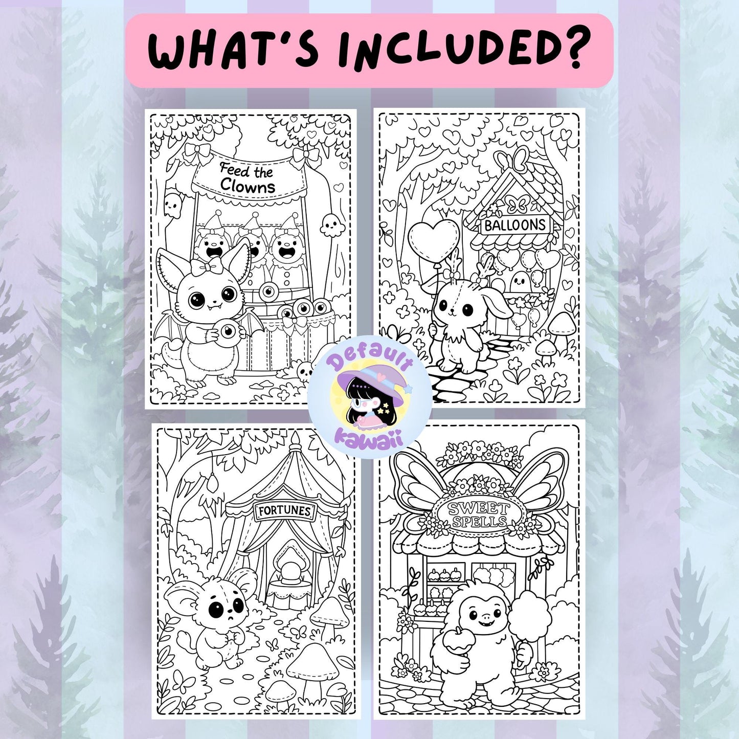 Four sample pages from the Cryptid Cuties Forest Fair coloring book showing bat cryptid feeding clowns, bunny at balloon stand, mouse at fortune teller tent, and yeti enjoying sweet spells treats