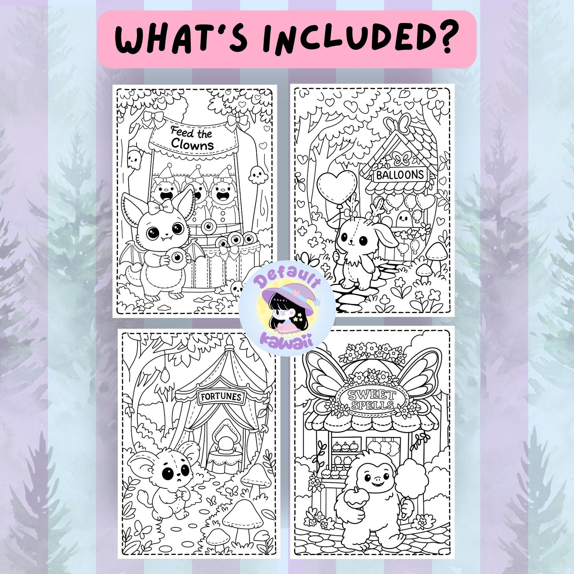 Four sample pages from the Cryptid Cuties Forest Fair coloring book showing bat cryptid feeding clowns, bunny at balloon stand, mouse at fortune teller tent, and yeti enjoying sweet spells treats