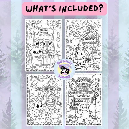 Four sample pages from the Cryptid Cuties Forest Fair coloring book showing bat cryptid feeding clowns, bunny at balloon stand, mouse at fortune teller tent, and yeti enjoying sweet spells treats
