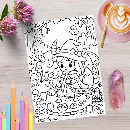 Strength tarot card coloring page from Spooky Forest Tarot Volume 2, featuring a cute witch girl with bow and cape gently holding a smiling goat-like creature with horns in a magical forest circle with candles, mushrooms, crystals, and ghosts. Shown on a wooden surface with colored pencils, pink flowers, a latte, and an amethyst crystal.