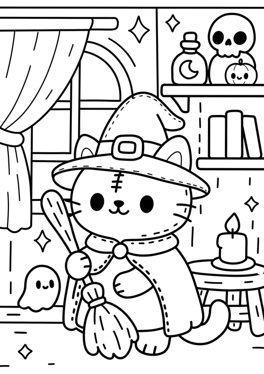 Free Coloring Page – Witchy Cat in the Cottage 🐱🧹